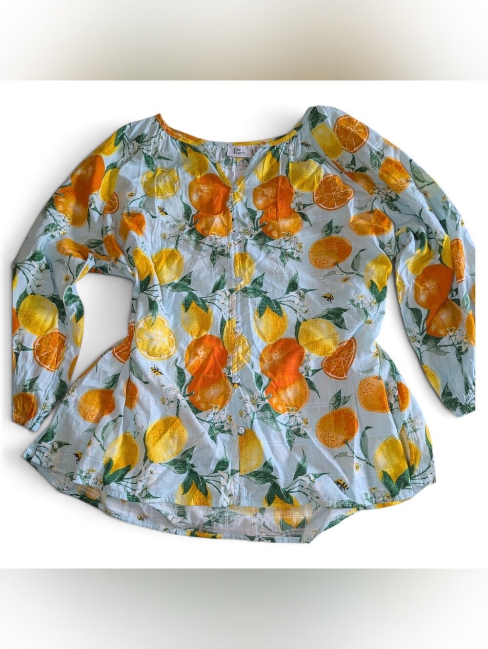 Kim Rogers Lemon Orange Citrus Bee Print Gauze Blouse Cotton Viscose Tunic XL